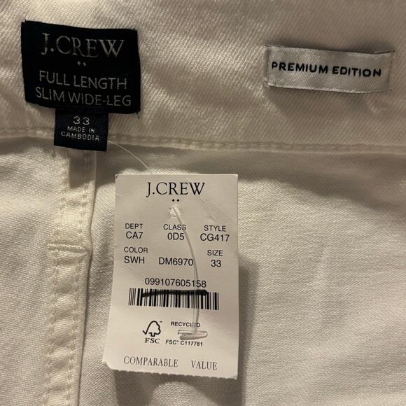 J Crew Women's 33 (36 x 30) Jean Slim Wide Leg Full Length White Denim High Rise - Picture 7 of 14